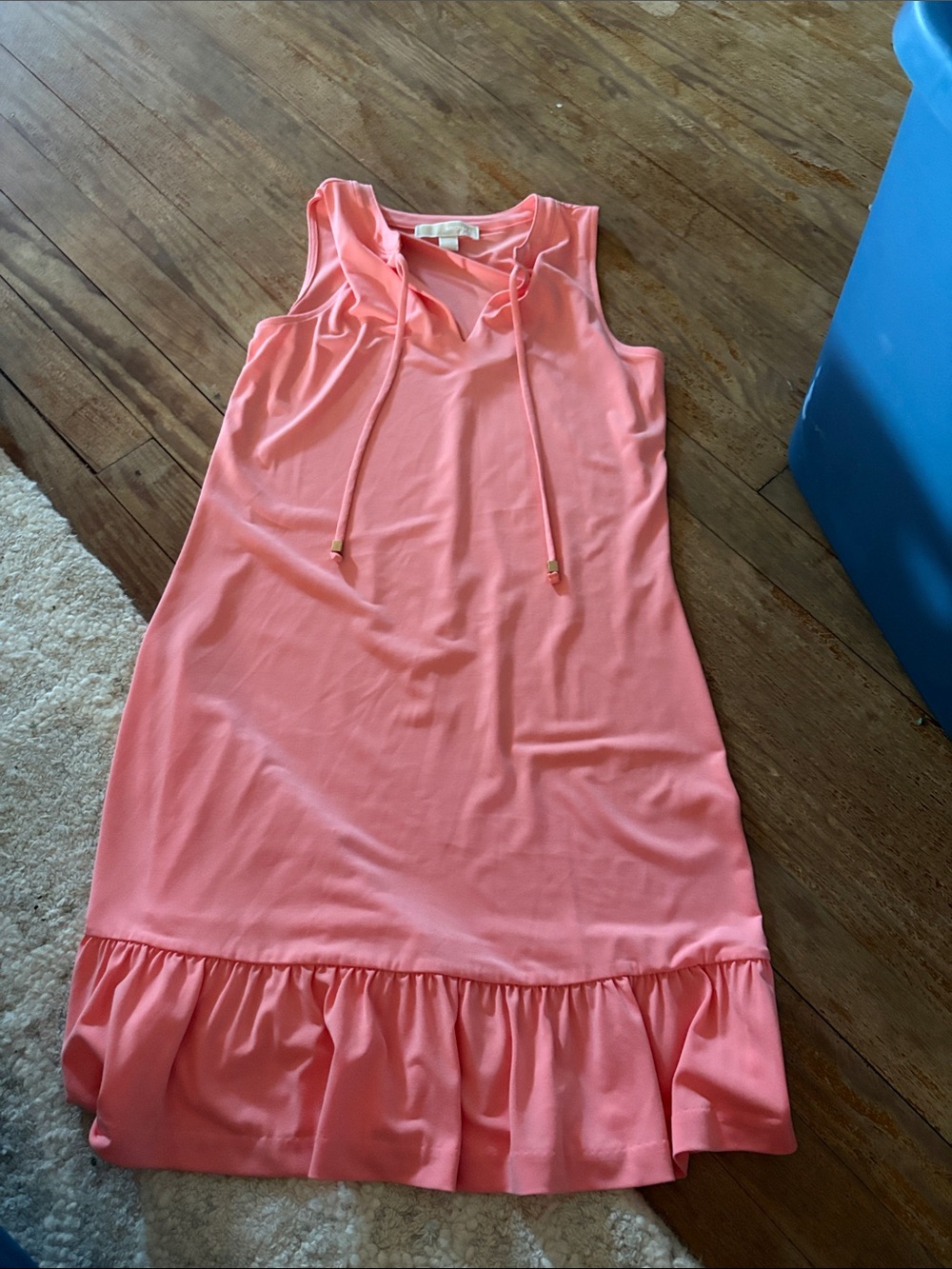 Michael Kors Coral Sleeveless Ruffle-Hem Midi Dress